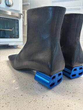 Black Leather Ankle Boots with Blue Sculpted Heel